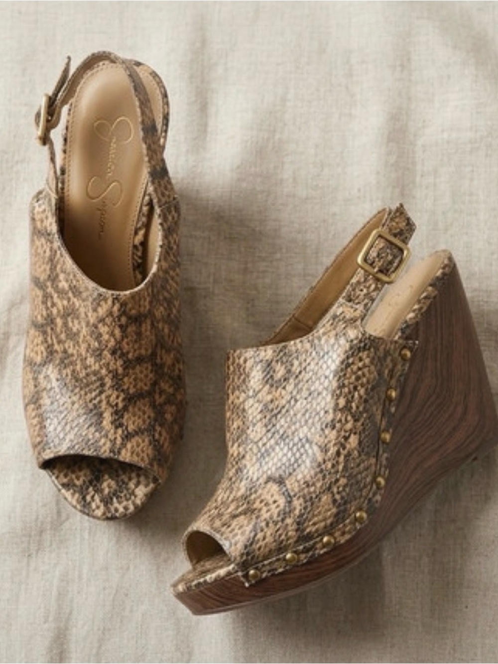 Jessica Simpson Brown Snake-Print Peep-Toe Wedge Sandals